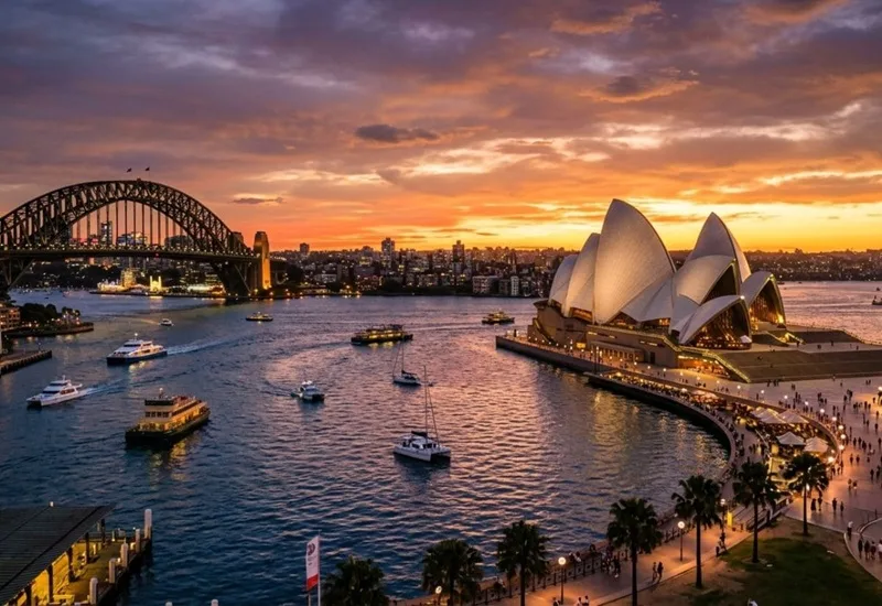 Khung cảnh lung linh và rực rỡ của nhà hát Opera Sydney khi buông xuống màn đêm.
